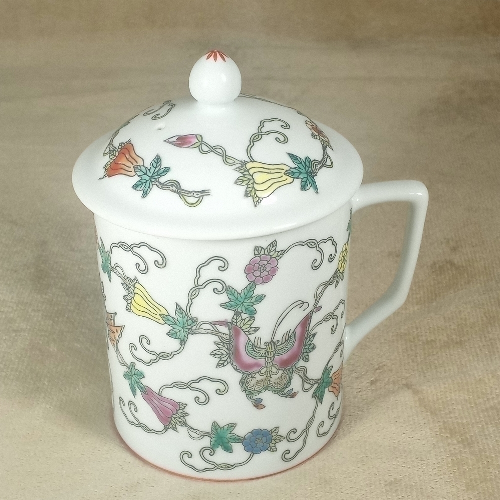 Vintage 70's Tea Cup Design Colorful Flower and Butterfly on White Tea Mug
